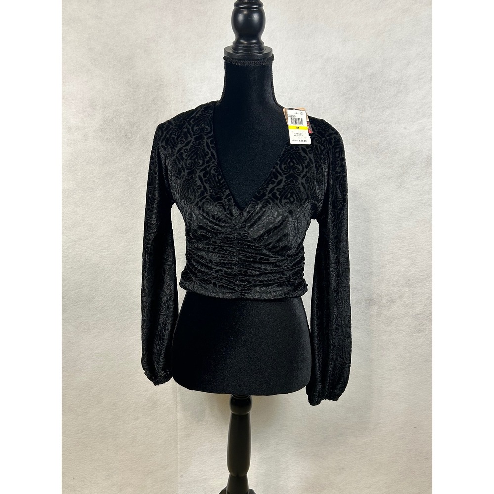 Self E Black Velvet Burnout Damask Ruched Crop Top Long Sleeve Medium NWT